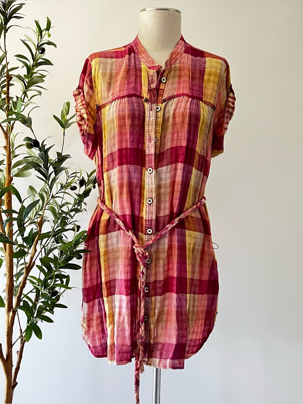 Vintage BANDOLINOBLU Pink, Orange, Yellow Plaid Button-Front Tunic Dress
